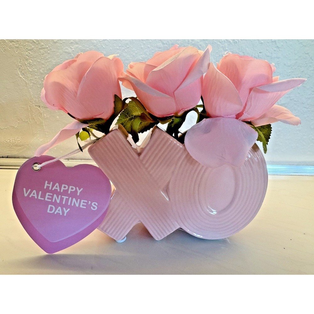 Valentine's XO Ceramic Vase with artificial pink roses